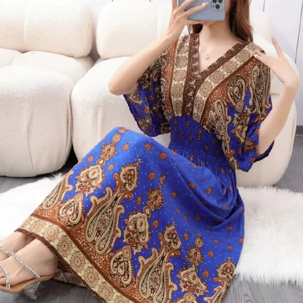 Flower V-neck Elastic Youthful Bohemian Sweet Midi Dress Woman Clothes Chic Fashion Summer Dresses 2025 Large Swing Ski