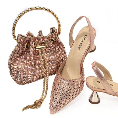 Mix Sapatos Femininos Salto Alto Bico Fino Designer Luxuoso Pedras Coloridas Festa Noturna Conjunto Combinando Sapatos e Bolsas