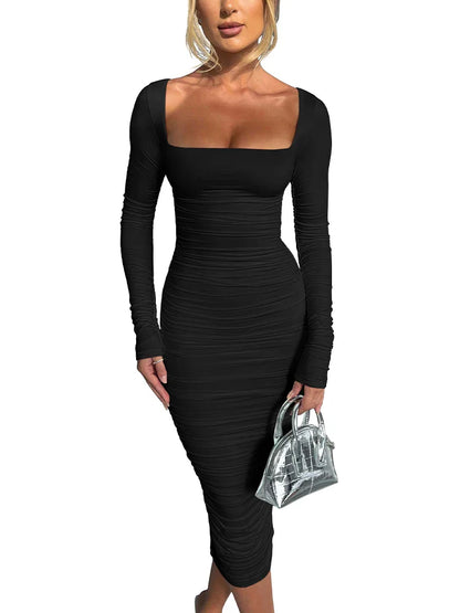 Vestido Feminino de Outono e Inverno Sexy Colado ao Corpo Decote Quadrado Manga Longa Vestidos de Noite para Senhoras