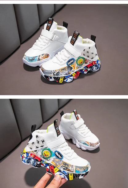 Size 26-37 Children Sports Sneakers for Girls Kid Cartoon Graffiti Pattern Casual Shoes Boys Basketball Shoe Chaussures De Sport