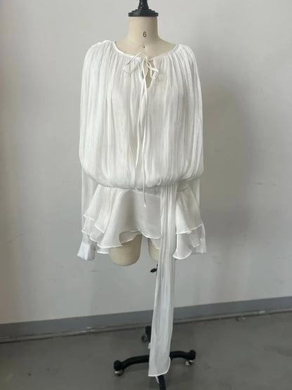 Elegant Ruched Mini Dress For Women Round Neck Lantern Long Sleeve High Waist Temperament Dresses Female Fashion 2025 CLOTHING