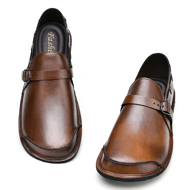 Sapatos Masculinos de Couro com Bico Largo e Sem Cadarço, Flats Casuais Minimalistas Antiderrapantes Primavera Verão Outono