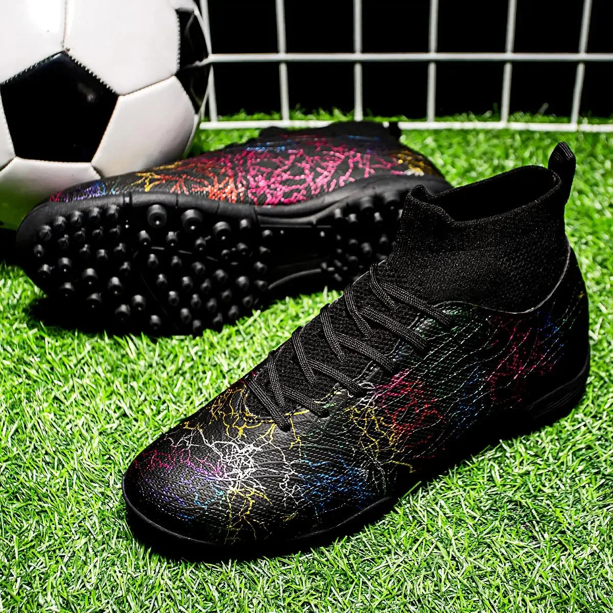High quality, high-top football shoes, unisex style, comfortable, breathable, available in TF and FG options.  Sole spikes