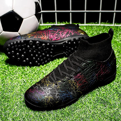 High quality, high-top football shoes, unisex style, comfortable, breathable, available in TF and FG options.  Sole spikes
