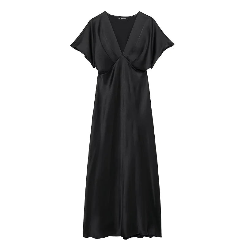 Satin Long Dress Woman Black Draped Midi Dresses for Women Elegant Party Women Dresses Short Sleeve Chic Female Dress