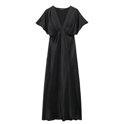 Satin Long Dress Woman Black Draped Midi Dresses for Women Elegant Party Women Dresses Short Sleeve Chic Female Dress