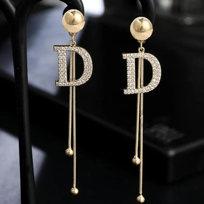 Exquisite Luxury Gold Color Letter D Long Drop Dangle Earrings for Women Charm Fashion Zircon Korea Earring Bride Jewelry Gift