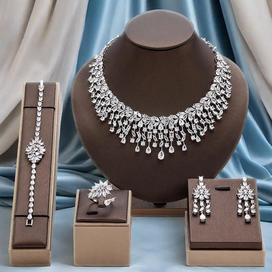 Luxury 4pcs Bridal Wedding Jewelry Set Cubic Zirconia Dubai Tassels Necklace Earrings Sets for Women Party Dress