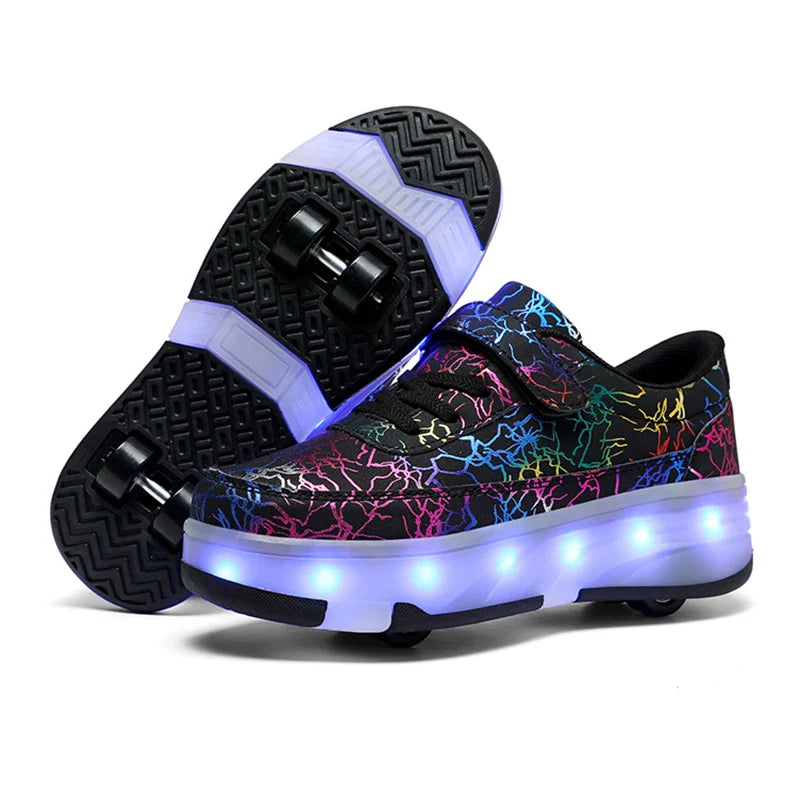 4 Wheel Dual-Use Roller Skates with Detachable Wheels ,Sneakers with LED Boys Girls Shoes with Wheels,Speed Skate Sizes 29-42