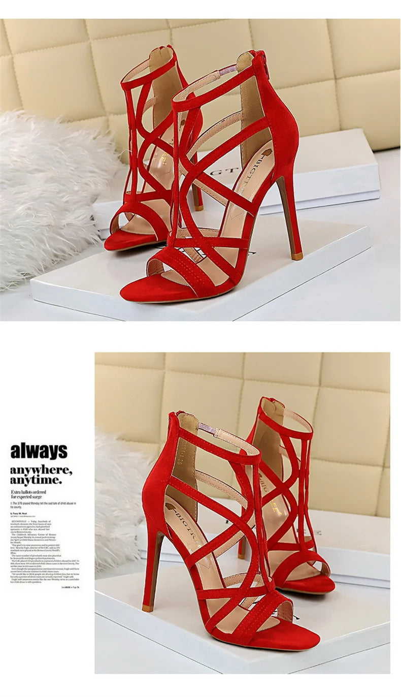 Women Roman Style Thin High Heels Pumps Pointed Toe Suede Hollow Strap Party Shoes Solid Ankle Zip Summer Sandals