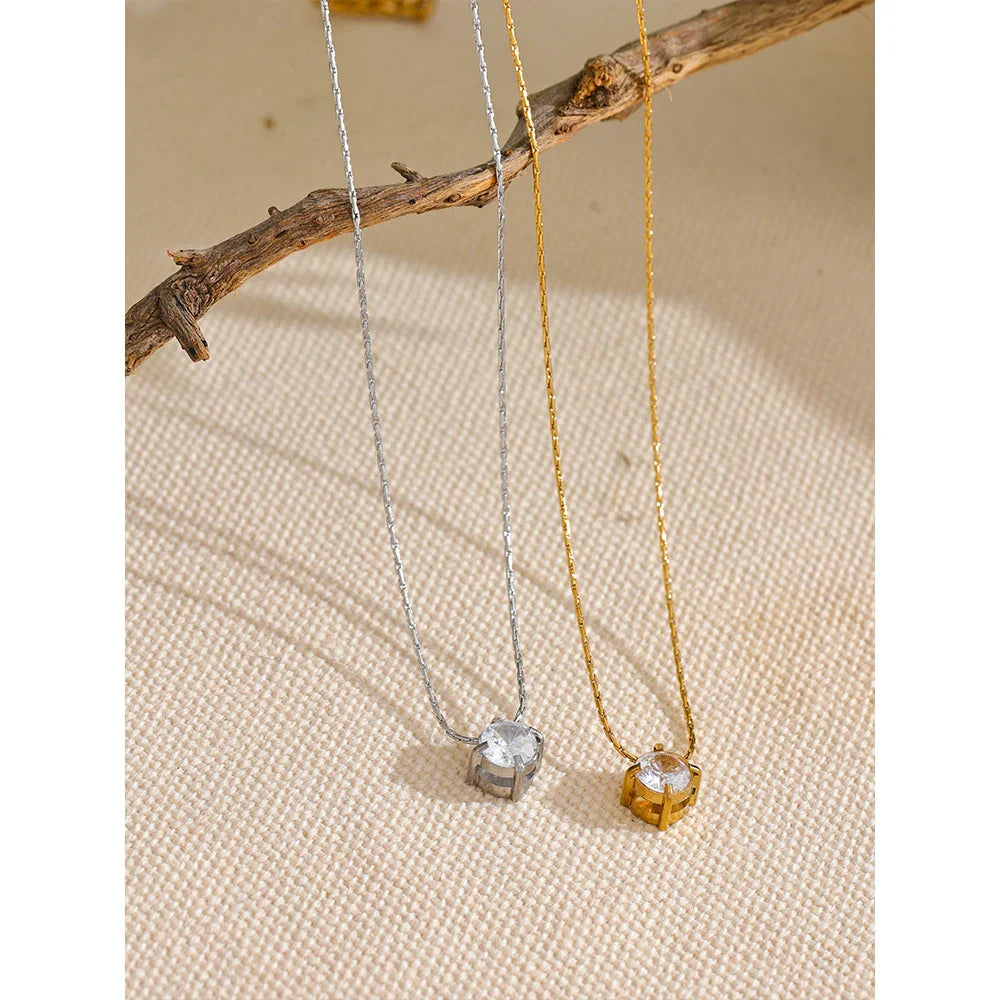Korean Chic Stainless Steel Shiny Cubic Zirconia Cast Delicate Necklace Pendant for Women Daily Waterproof Basic Jewelry