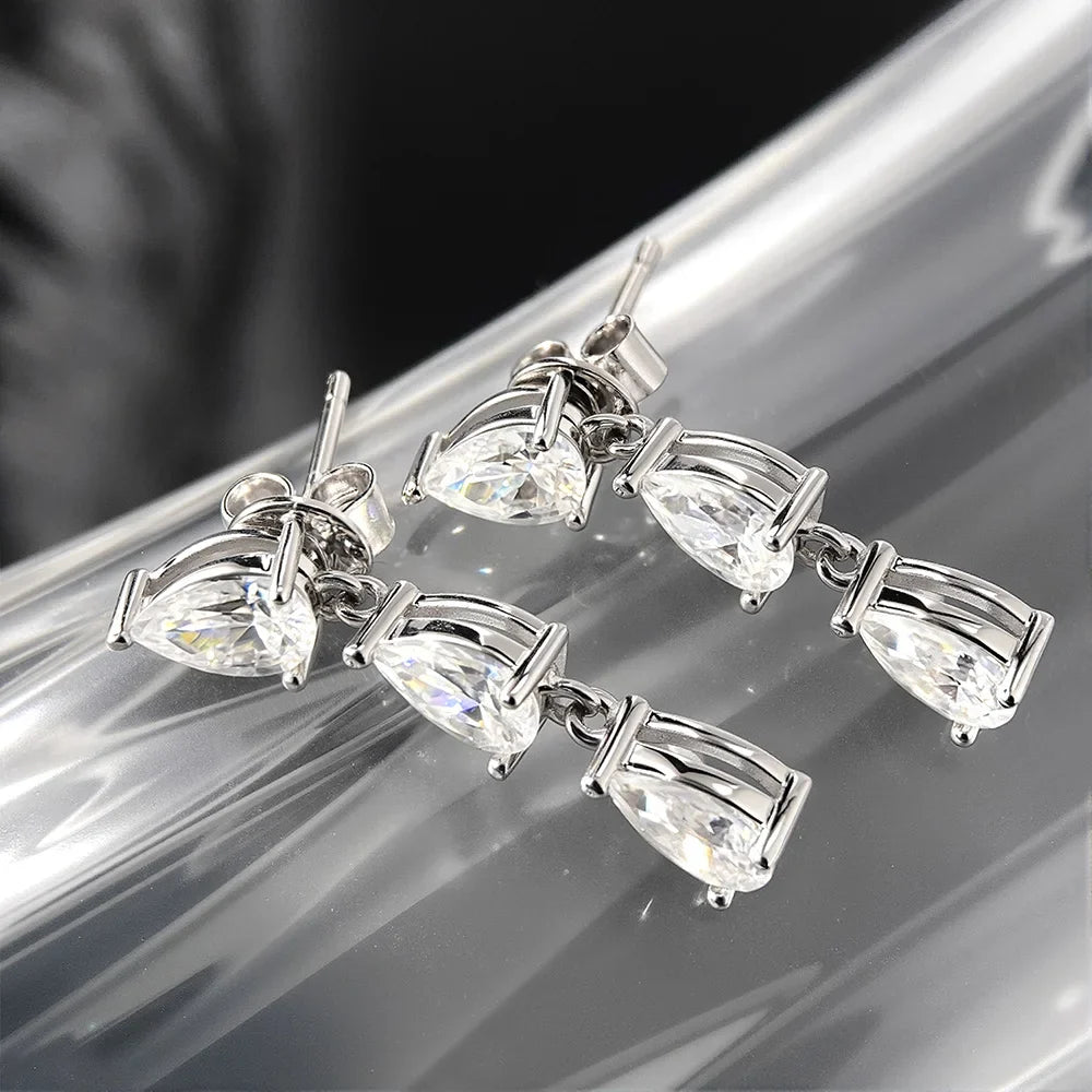 Pear Cut 3-Stone Full 3EX Moissanite Short Dangle Drop Earrings for Women s925 Silver Teardrop Earring Party Jewelry Gift