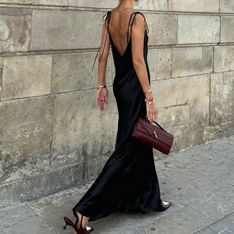 Original Women's Satin Champagne Dress Sleeveless Sexy Backless Evening Dresses Guest Elegant Bridesmaid Long Evening Gown
