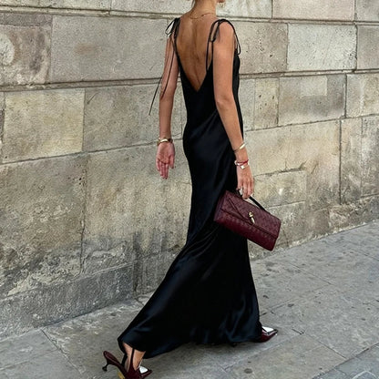 Original Women's Satin Champagne Dress Sleeveless Sexy Backless Evening Dresses Guest Elegant Bridesmaid Long Evening Gown