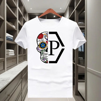 Cotton Classic Trendy Brand Half Skull Flower Printed Men's and Women's 2025 New Loose Short Sleeved T-shirt Round Neck