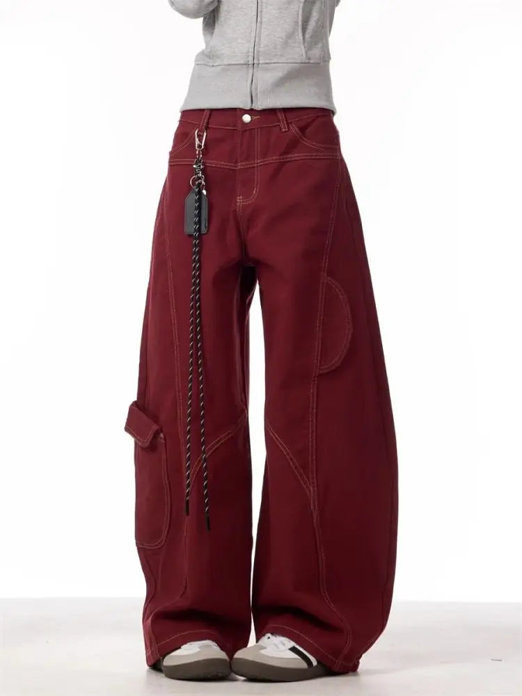 Calça Cargo Jeans Casual Vermelha Feminina Calça de Trabalho Folgada Reta Perna Larga Calça Coreana Primavera Estilo Preguiçoso Confortável Chique