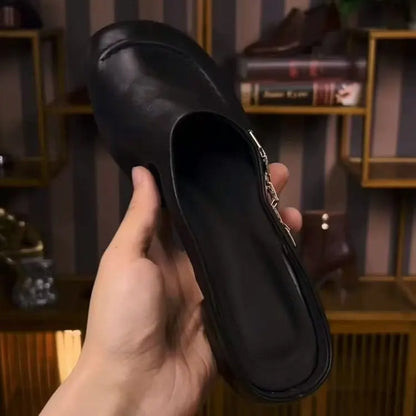 Women's Stylish Genuine Leather Mule Loafers with Metal Buckle Low Heel Slip On Flats Casual Driving Shoes