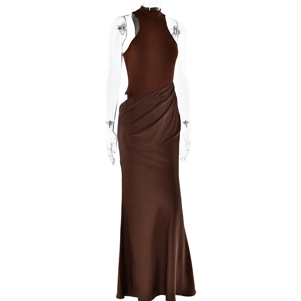 Satin Sexy Hollow Out Women Maxi Dress Black Sleeveless High Waist Dress Female Autumn Skinny Elegant Party Clubwear