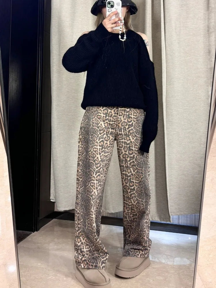 High Waist Straight Jeans Hip-hop Leopard Print Pants