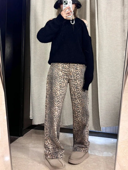 High Waist Straight Jeans Hip-hop Leopard Print Pants