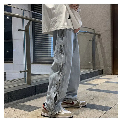 Streetwear Y2k Jeans Pants Lace Up Baggy Black Jeans Man Pants Designer Clothes Side Split 2023 Korean Fashion New