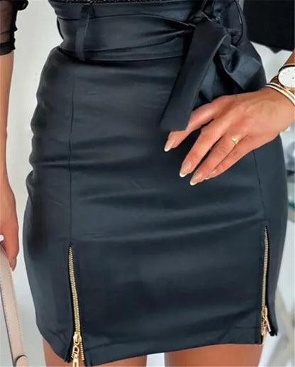 PU Leather Sexy Wrap Hip Skirt Women Nightclub Party Casual Wear Female High Waist Lace-up Zipper Hem Half-body Dress Streetwear