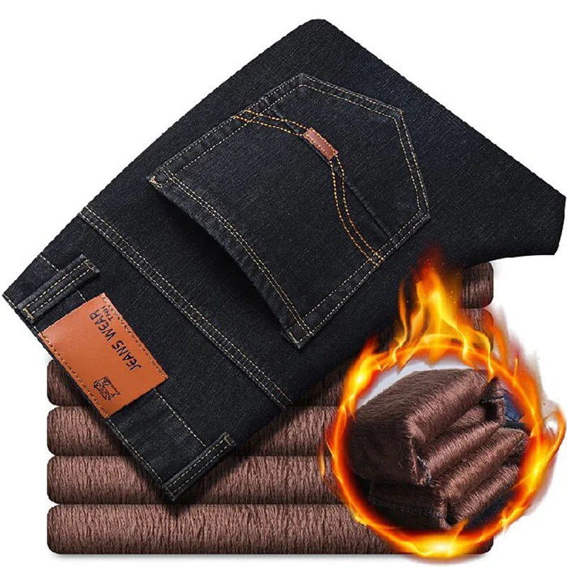 Men New Fashion Winter Warm Jeans Male Fleece Lined Thickened Denim Pants Loose Straight Comfortable Casual Black Blue Trousers