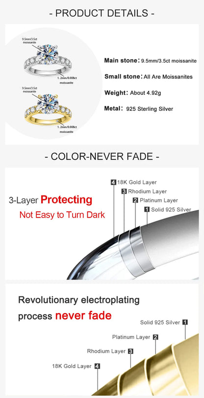 4.3cttw D Color Moissanite Engagement Rings 925 Sterling Silver 18k Gold Plated Lab Created Diamond Wedding Band Rings