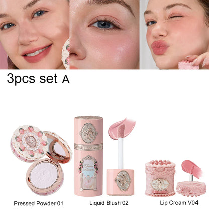 Flower Knows Strawberry Cupid Velvet Matte Lip Cream Pressed Powder Liquid Blush Set Long Lasting Lightweight Makeup