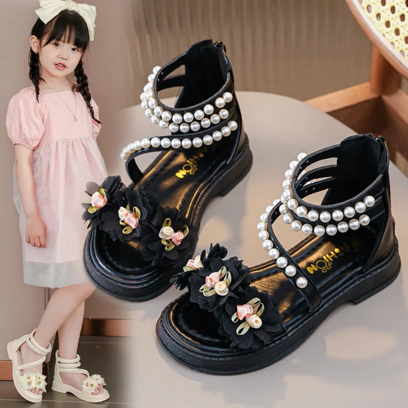 Children's Sandals for Girls Elegant Sandals Pearl Beading Sweet Princess Dress Shoes Kids High-top Roman Sandals Back Zipper