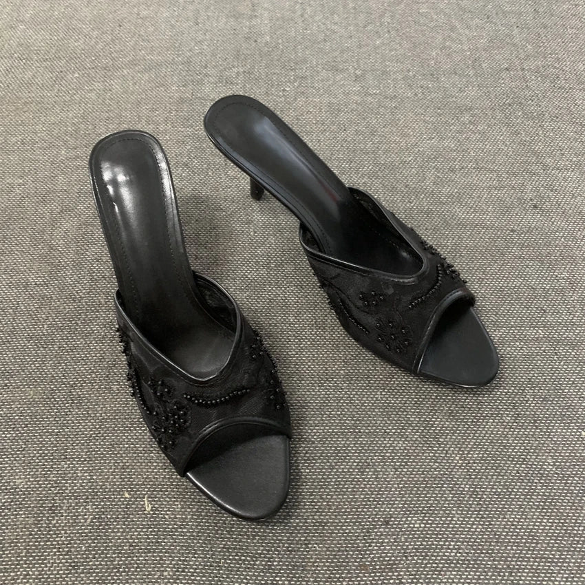 2026 Elegant Brown String Bead Mesh Embroider Slippers Women Summer Sexy Peep Toe High Heels Mules Sandals Luxury Designer Shoes