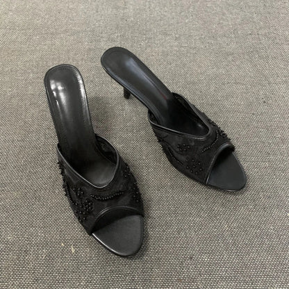 2026 Elegant Brown String Bead Mesh Embroider Slippers Women Summer Sexy Peep Toe High Heels Mules Sandals Luxury Designer Shoes