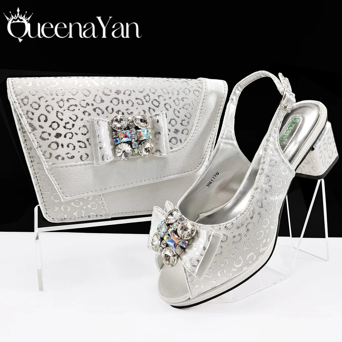Shiny Italian Fashion Pointed Toe Women Heel Fashion Rhinestone Decoration Pink Color Shoes And Bag Set