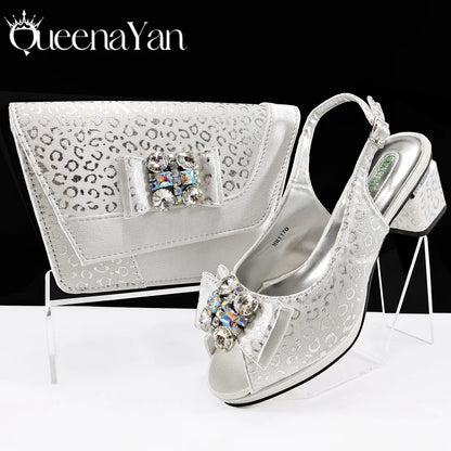 Shiny Italian Fashion Pointed Toe Women Heel Fashion Rhinestone Decoration Pink Color Shoes And Bag Set
