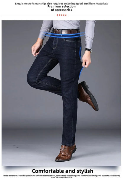 Autumn and Winter New Male Business Casual Stretch Trousers Concise Blue Denim Pants Men's Loose Straight Jeans Jeans for Man