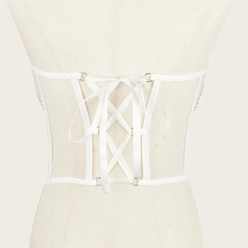 Pearl Chain Bustiers Tied Waspie Wide Belt Cinchers Underwire Lace-up Underbust Corset Bustier Corsets Tops Boned Corset