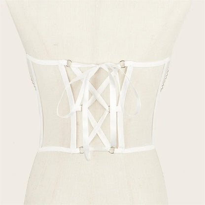 Pearl Chain Bustiers Tied Waspie Wide Belt Cinchers Underwire Lace-up Underbust Corset Bustier Corsets Tops Boned Corset