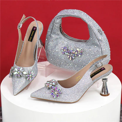 Newest Italian Pumps and Bag To Party INS Style Pointed-Toe Rhinestone Elegant High Heels Champagne Wedge for Women