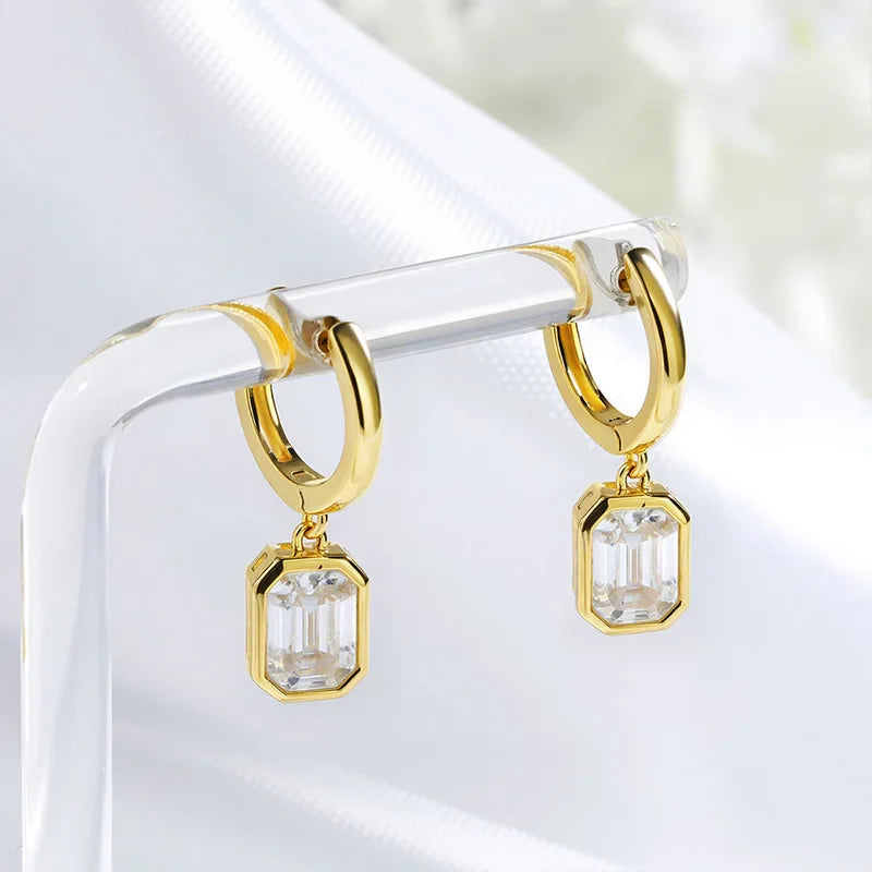 1CT 2CT Certified Moissanite Drop Earrings for Women Emerald Cut Classic Gift for Her 100% 925 Sterling Silver Plated 18K