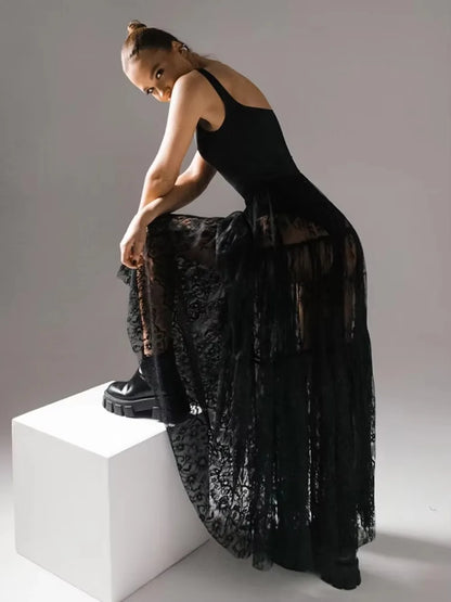 Loose Black Sexy Black Lace Skirt Women Fashion Thin Transparent Casual Hollow Out High Waist Loose A-line Long Skirt Party