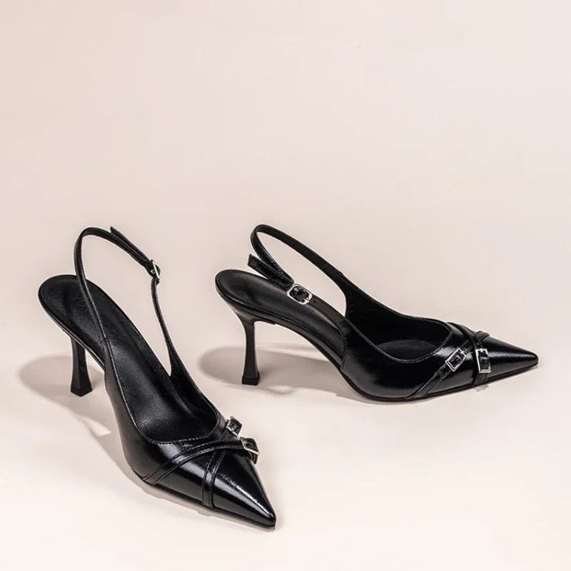 Sapatos de Salto Agulha Elegantes com Fivela, Bico Fino, Boca Rasa, para o Verão, Sapatos Femininos Pretos NO:602