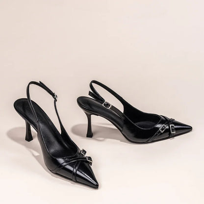 Sapatos de Salto Agulha Elegantes com Fivela, Bico Fino, Boca Rasa, para o Verão, Sapatos Femininos Pretos NO:602