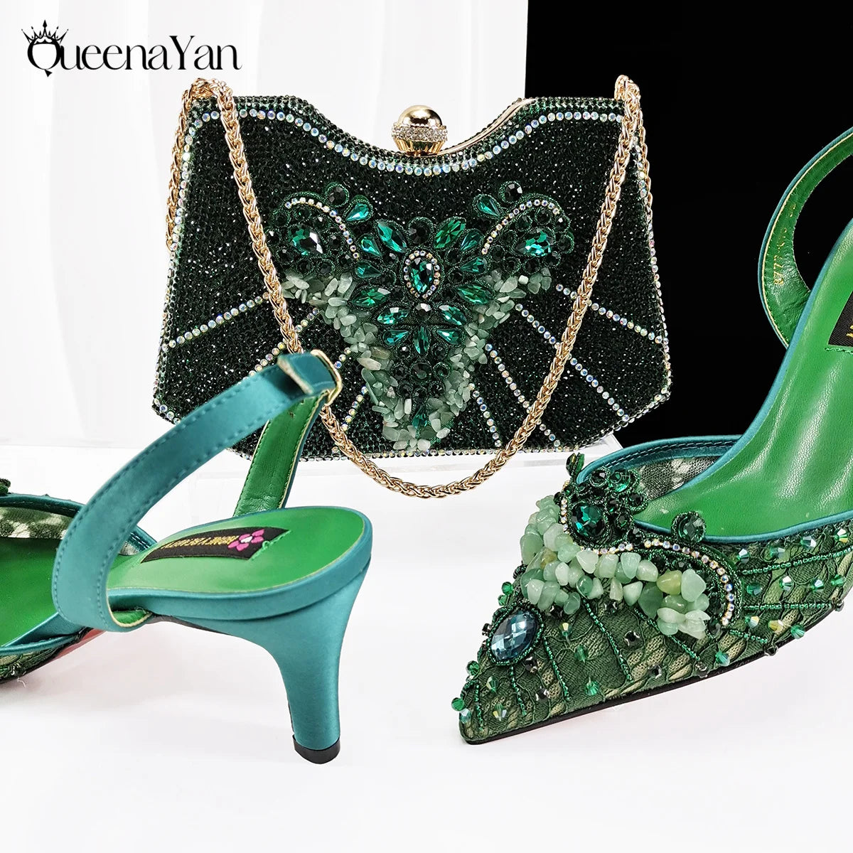 Purple Color Rhinestone Decoration Design Party Wedding Lady Pointed Toe High Heels and Bag Set