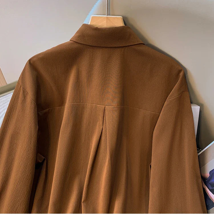 2026 Women's Plus Size Blouse Korean Style Spring Autumn Loose Elegant Casual Mid-length Tops Long Sleeved Waist Cinching Shirts