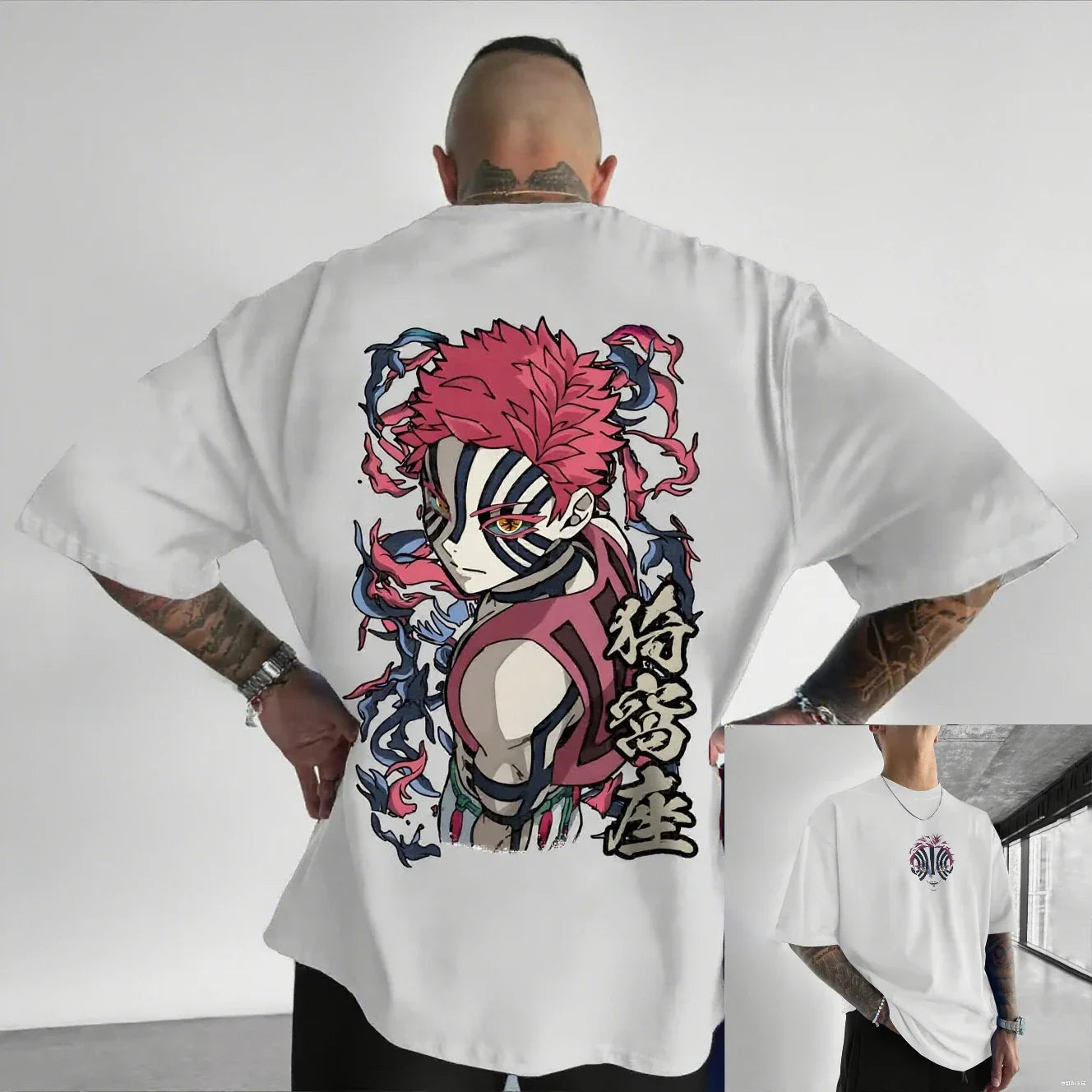 Camiseta Masculina Demon Slayer Akaza Anime Oversized Algodão Feminina Manga Curta Tops Verão Streetwear Gráfica Casual Roupa Y2k