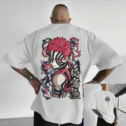 Camiseta Masculina Demon Slayer Akaza Anime Oversized Algodão Feminina Manga Curta Tops Verão Streetwear Gráfica Casual Roupa Y2k