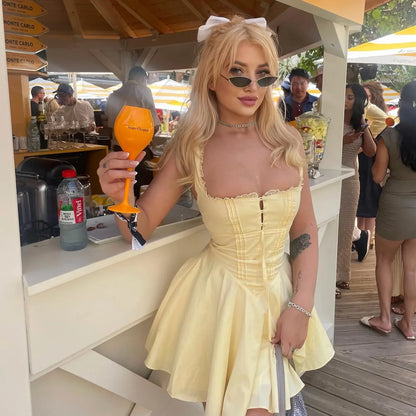 Summer Lovely A Line Dress Yellow Sexy Party Dresses Hollow Out Lace Up Elegant Holiday Dress Women