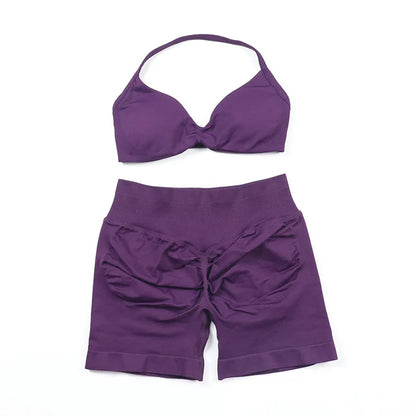 Scrunch Seamless Yoga Set Women Sportswear Ribbed Gym Shorts Strappy Sports Bra 2 Piece Set Halter Workout Clothes Fitness Suit