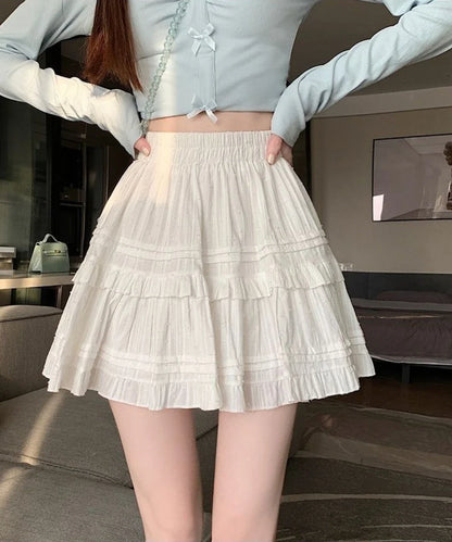 Summer Kawaii White Ruflles Skirt Women Fashion Slim Fit Mini Skirts Girls Y2k Versatile Elastic High Waist A-Line Back Faldas