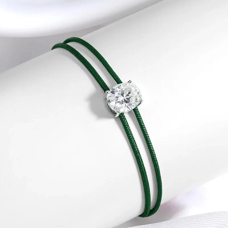 3CT Oval Cut Moissanite Braided Cord Bracelets for Women Men Adjustable Sliding-Knot Dainty Pure S925 Silver Chain D VVS1